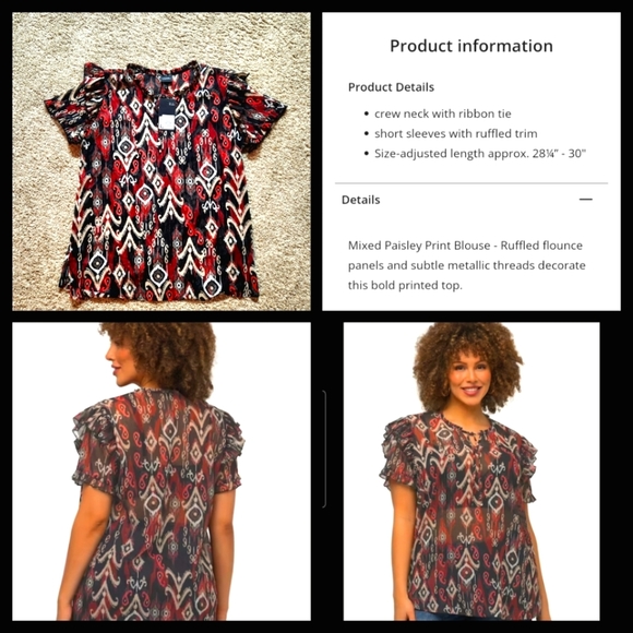 NWT Ulla Popken Mixed Paisley Print Ruffle Sleeve Blouse Size 14 - Picture 2 of 13